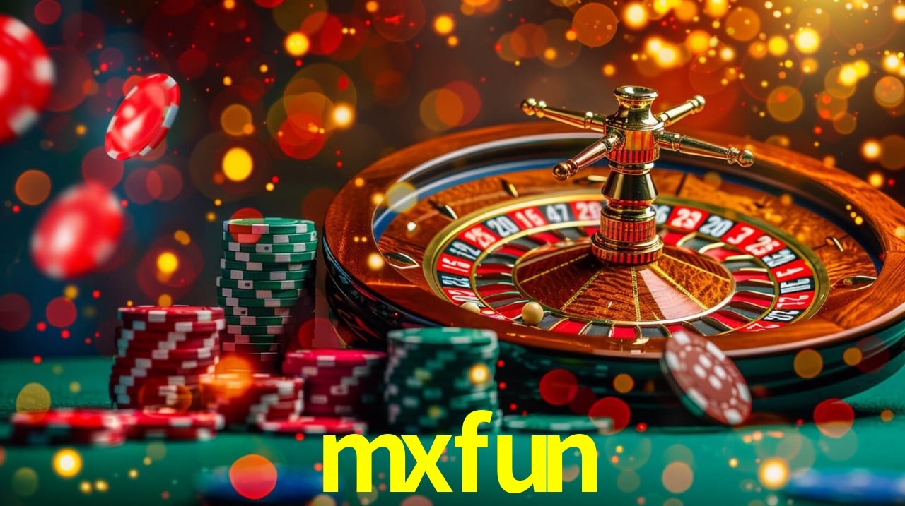 Escena dinámica inspirada en casino con iluminación mxfun, cartas, fichas e íconos de juegos digitales en un espacio moderno de juegos.