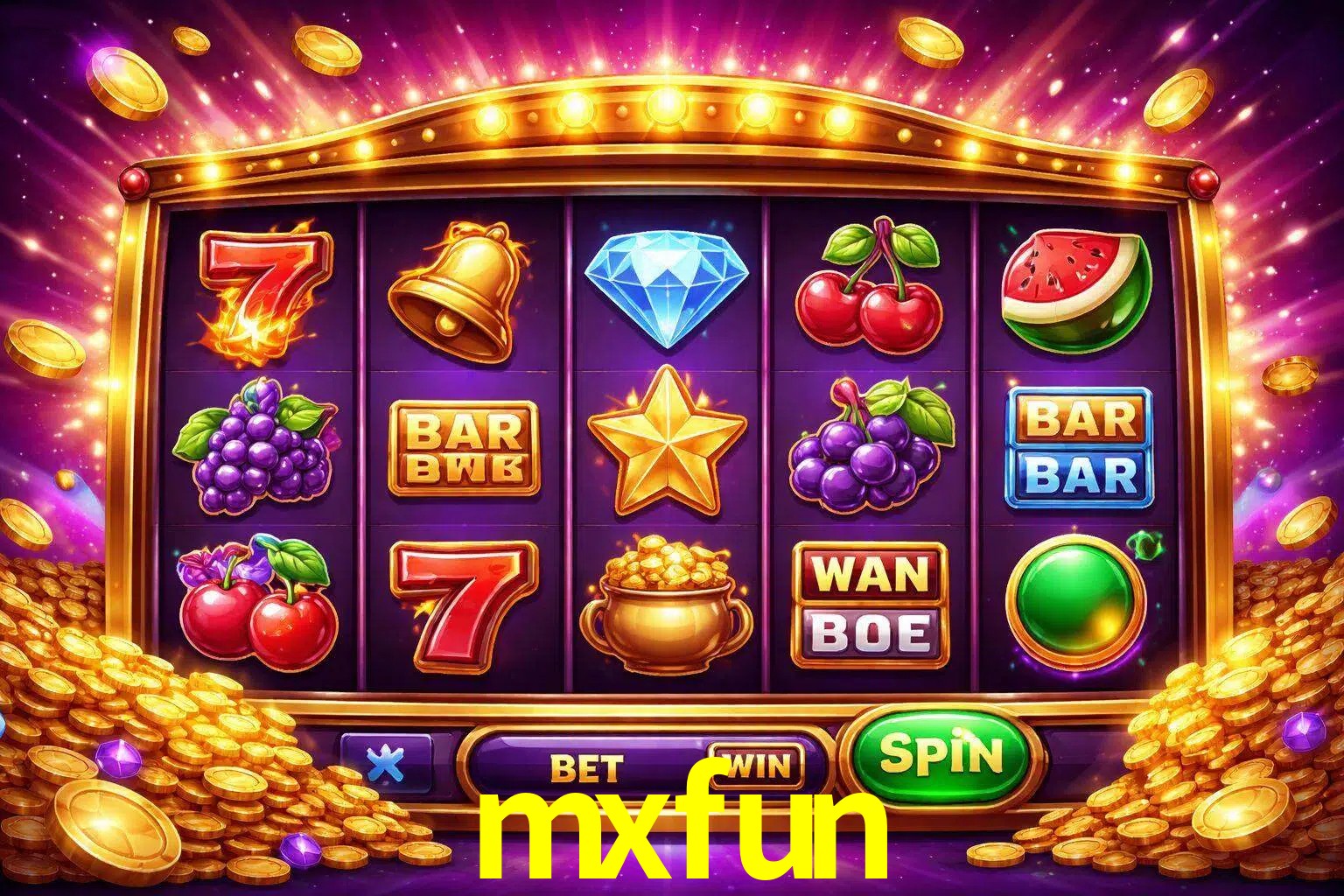 Una interfaz colorida de tragamonedas en línea con símbolos brillantes, monedas y un efecto de victoria celebratoria en mxfun.