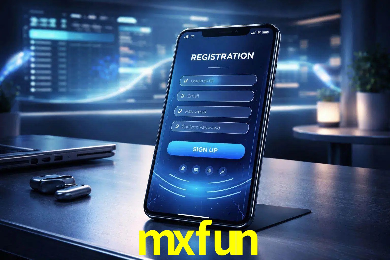 Una interfaz moderna de registro móvil para mxfun mostrada en un smartphone con un panel de apuestas elegante.